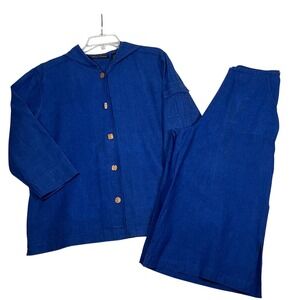 Oleg‎ Cassini Linen Blend Set Button Front Jacket Wide Leg Pants Blue Size LG